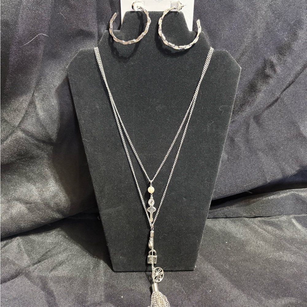 Park Lane Silver Layered Charm Necklace and Chantel Earrings Set